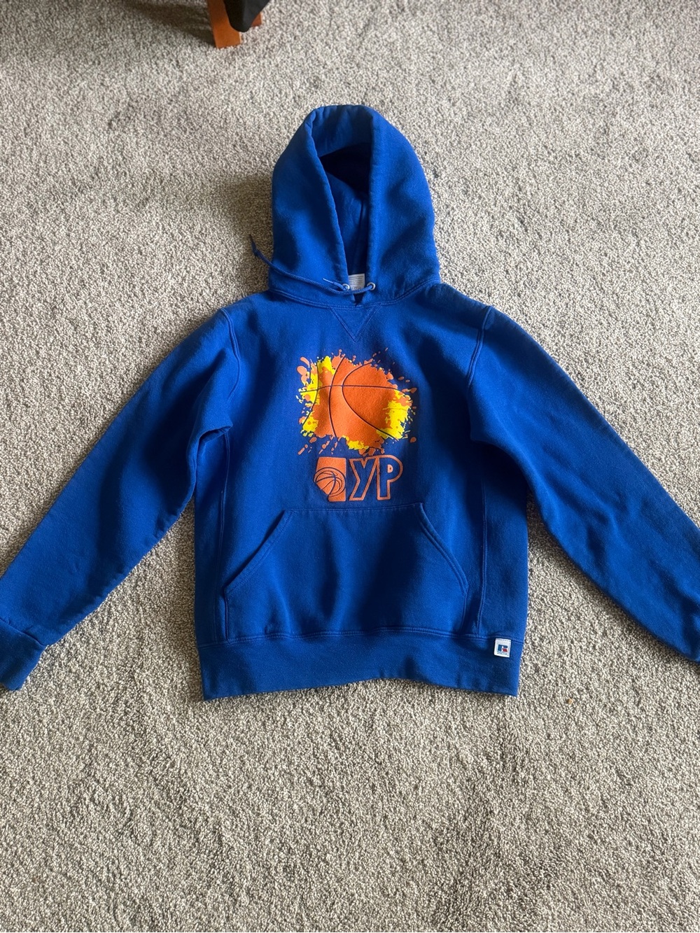 Russell Athletic Royal Blue Kids Hoodie with Orange Basketball Graphic